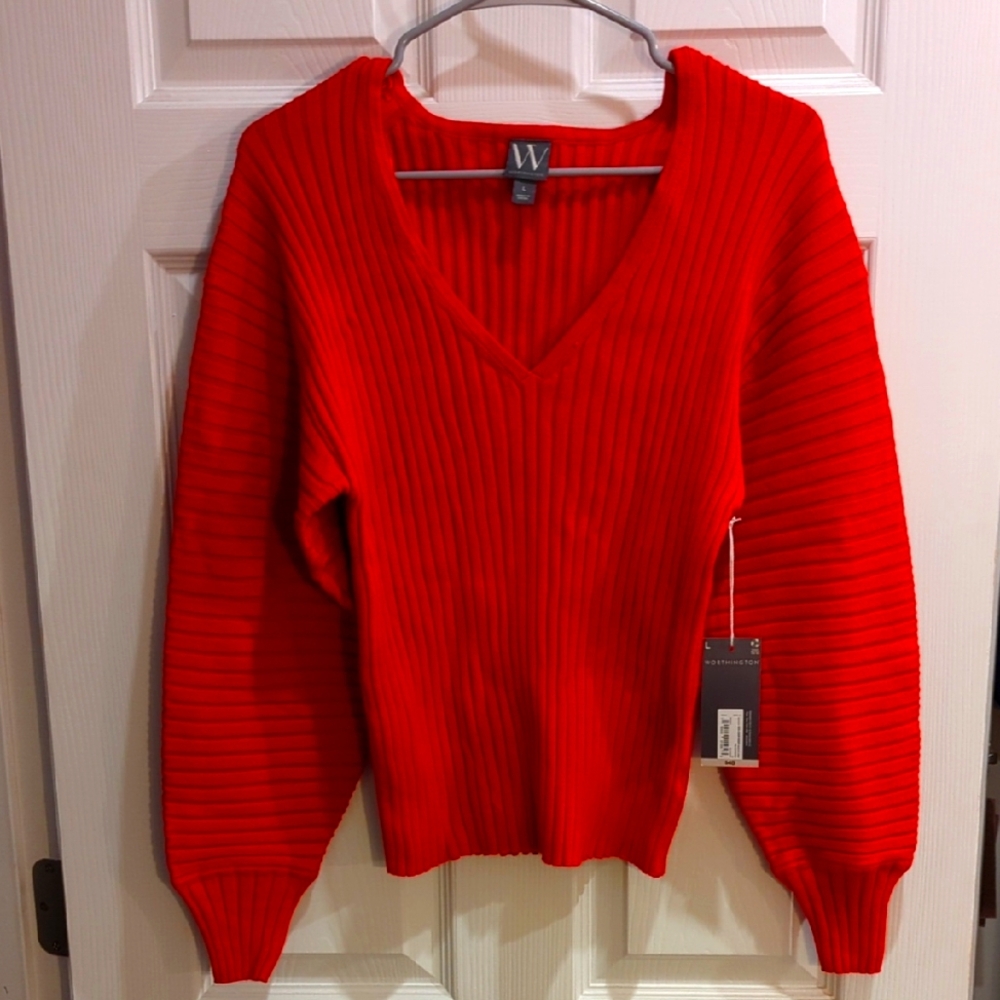NWT Worthington || Red V-neck Ribbed Sweater W/ Balloon Sleeves, Size LG
